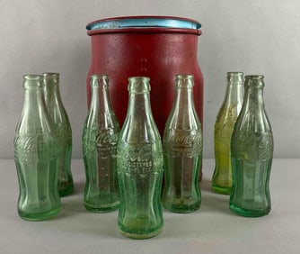 Vintage 7 Coca Cola Glass Bottles Metal Cooler