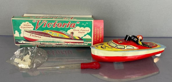 Vintage Schylling Victoria Tin Litho Steam Powered Boat