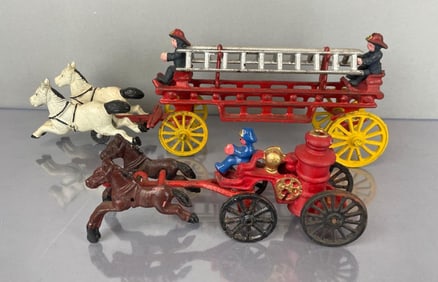 Group of 2 Reproduction Cast Iron Horse-Drawn Fire Vehicles