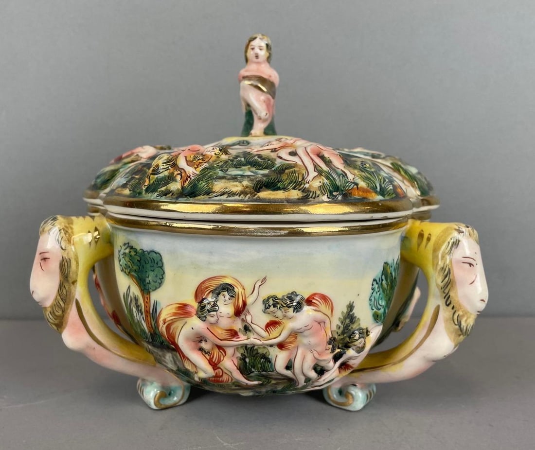 Antique Capodimonte Italian Porcelain Tureen with Lid: Flea bite on rim, nude motif, measures 6 1/2 x 7 1/4 inches