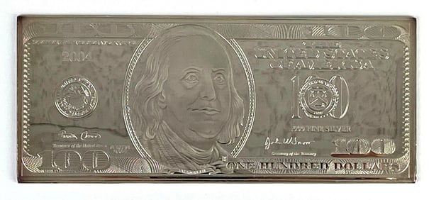 2004 4 Oz .999 Fine Silver $100 Federal Reserve Note Bar