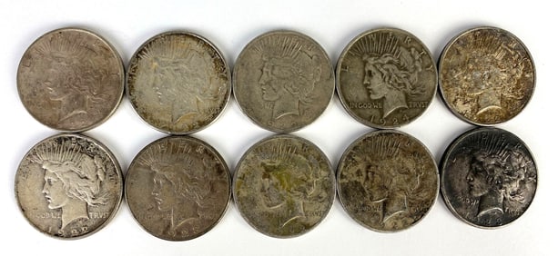 Group of 10 1920s US Silver Peace Dollars