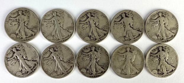 Group of 10 1910s - 1940s US Walking Liberty Silver Half-Dollars