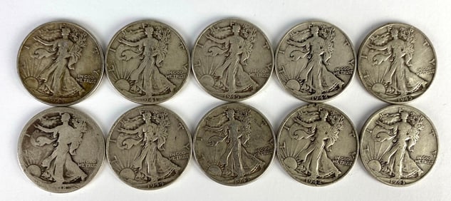 Group of 10 1910s - 1940s US Walking Liberty Silver Half-Dollars