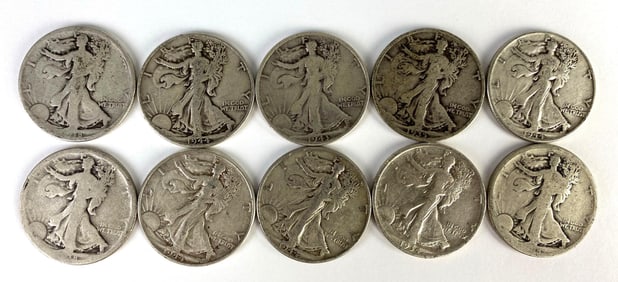 Group of 10 1910s - 1940s US Walking Liberty Silver Half-Dollars