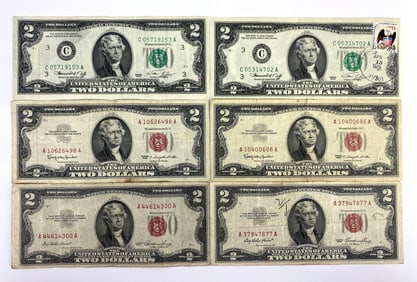 Group of 6 1950s - 1970s US $2 Federal Reserve Notes