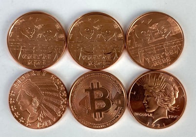 Group of 6 US 1 Oz .999 Fine Copper Rounds