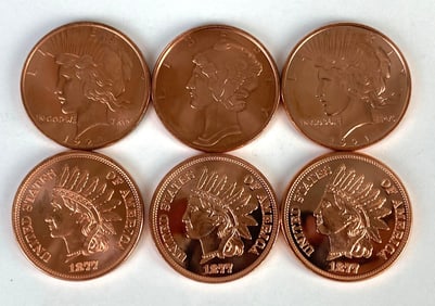 Group of 6 US 1 Oz .999 Fine Copper Rounds