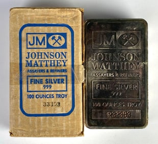 Johnson Matthey .999 Fine Silver 100 Troy Oz Bar