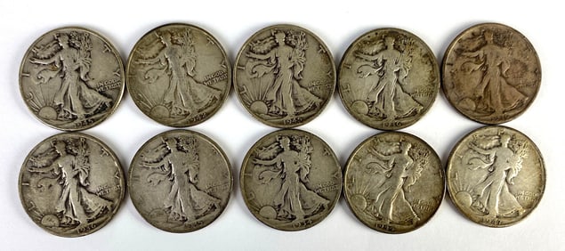 Group of 10 1930s - 1940s US Walking Liberty Silver Dollars