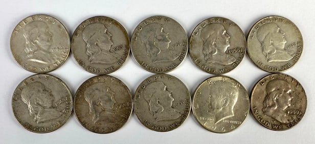 Group of 10 1940s - 1960s US Silver Half-Dollars