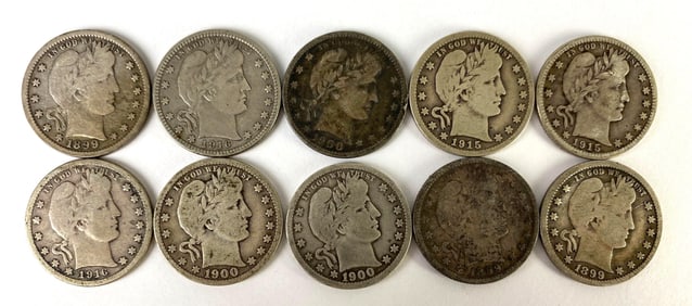 Group of 10 1890s - 1910s US Barber Silver Quarters