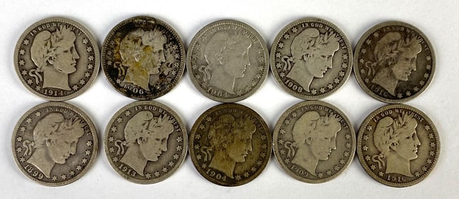 Group of 10 1890s - 1910s US Barber Silver Quarters