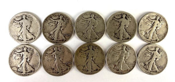 Group of 10 1910s - 1940s US Walking Liberty Silver Half-Dollars