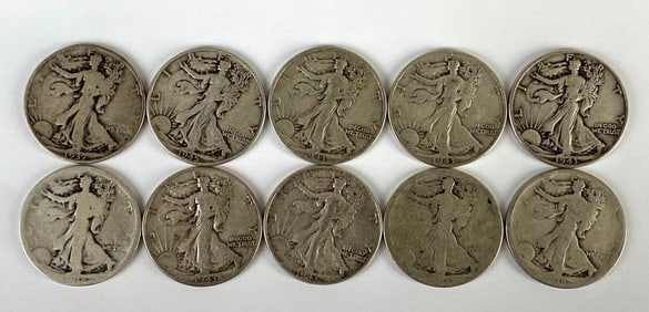Group of 10 1910s - 1940s US Walking Liberty Silver Half-Dollars