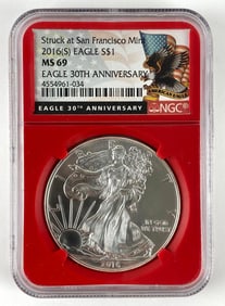 2016 S 30th Anniversary Graded NGC MS 70 American Silver Eagle Dollar