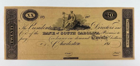 1810s Bank of South Carolina $20 Note