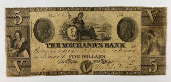 Mid 1800sThe Mechanics Bank $5 Note