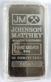Johnson Matthey 10 oz .999 Fine Silver Ingot/ Bar