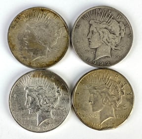 Group of 4 1922-1923 US Silver Peace Dollar Coins