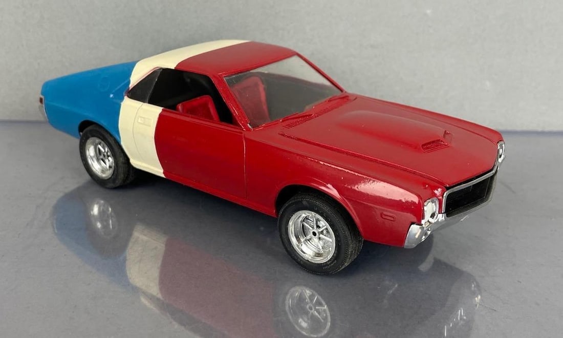 1969 AMC AMX Painted Model Car: Red white and blue paint, steering wheel unglued