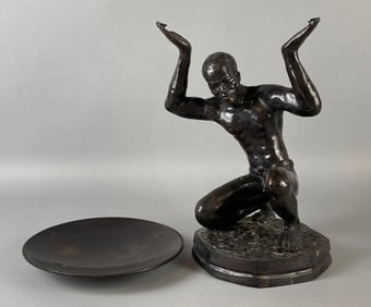 African Kneeling Man Cast Metal Statue
