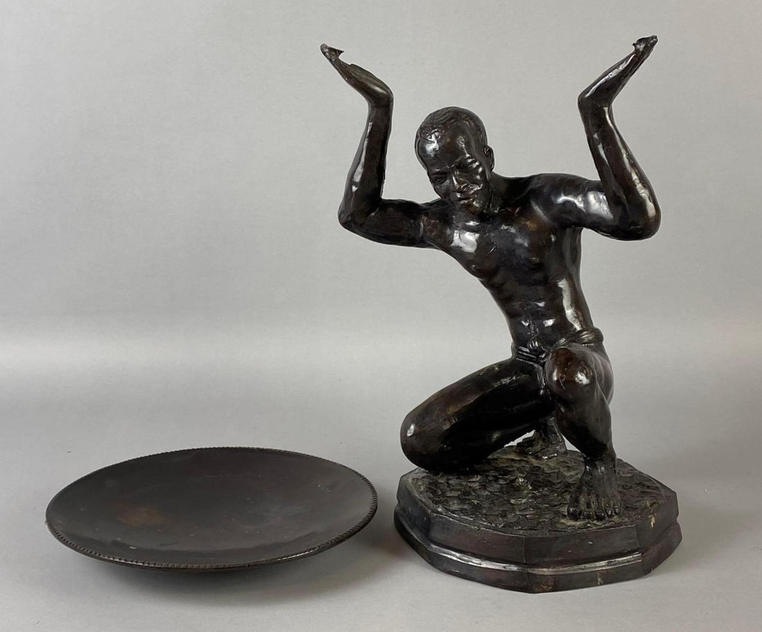 African Kneeling Man Cast Metal Statue: Tray separated from hands, Needs repair, Measures 12 1/2 x 8 1/2 x 7 inches.