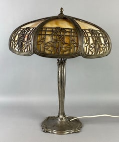 Antique Carmel Slag Glass 8-Panel Shade Table Lamp with Floral Motif