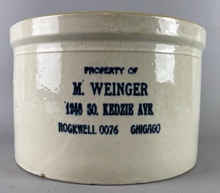 Antique Western Stoneware 20 Pound Advertising M. Weinger Butter Crock