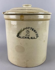 Antique Alexis Pottery Co Stoneware 2 Gallon Crock with Lid