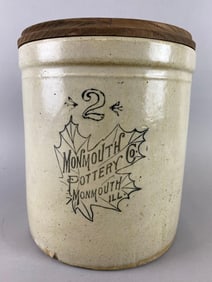 Antique Monmouth Pottery Co Stoneware 2 Gallon Crock with Lid
