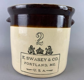 Antique E. Swasey and Co. Portland Maine 2 Gallon Stoneware Crock