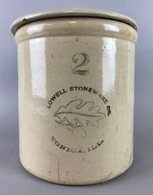 Antique Tonica, Illinois Lowell Stoneware Co. Stoneware 2 Gallon Crock With Lid