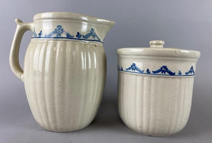 Group of 2 Blue and White Salt Glaze Stoneware Items