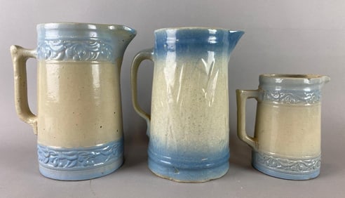 Group of 3 Blue and White Stoneware Pitchers