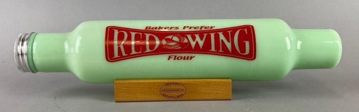 Jadeite Advertising Red Wing Flour Rolling Pin and Stand