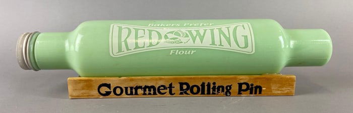 Jadeite Advertising Red Wing Flour Rolling Pin and Stand