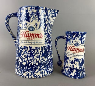 Group of 2 Spongeware Stoneware Hamms Beer Items