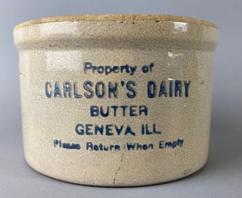 Antique Geneva, Illinois Stoneware Advertising Carlsons Dairy Butter Crock