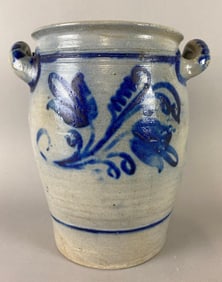 German Stoneware Crock With Cobalt Floral Design