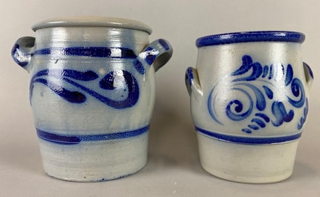 Group of 2 German Stoneware Crocks With Cobalt Designs