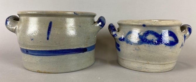 Group of 2 German Stoneware Crocks With Cobalt Designs
