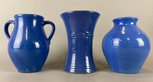 Group of 3 Uhl Pottery Blue Stoneware Vases
