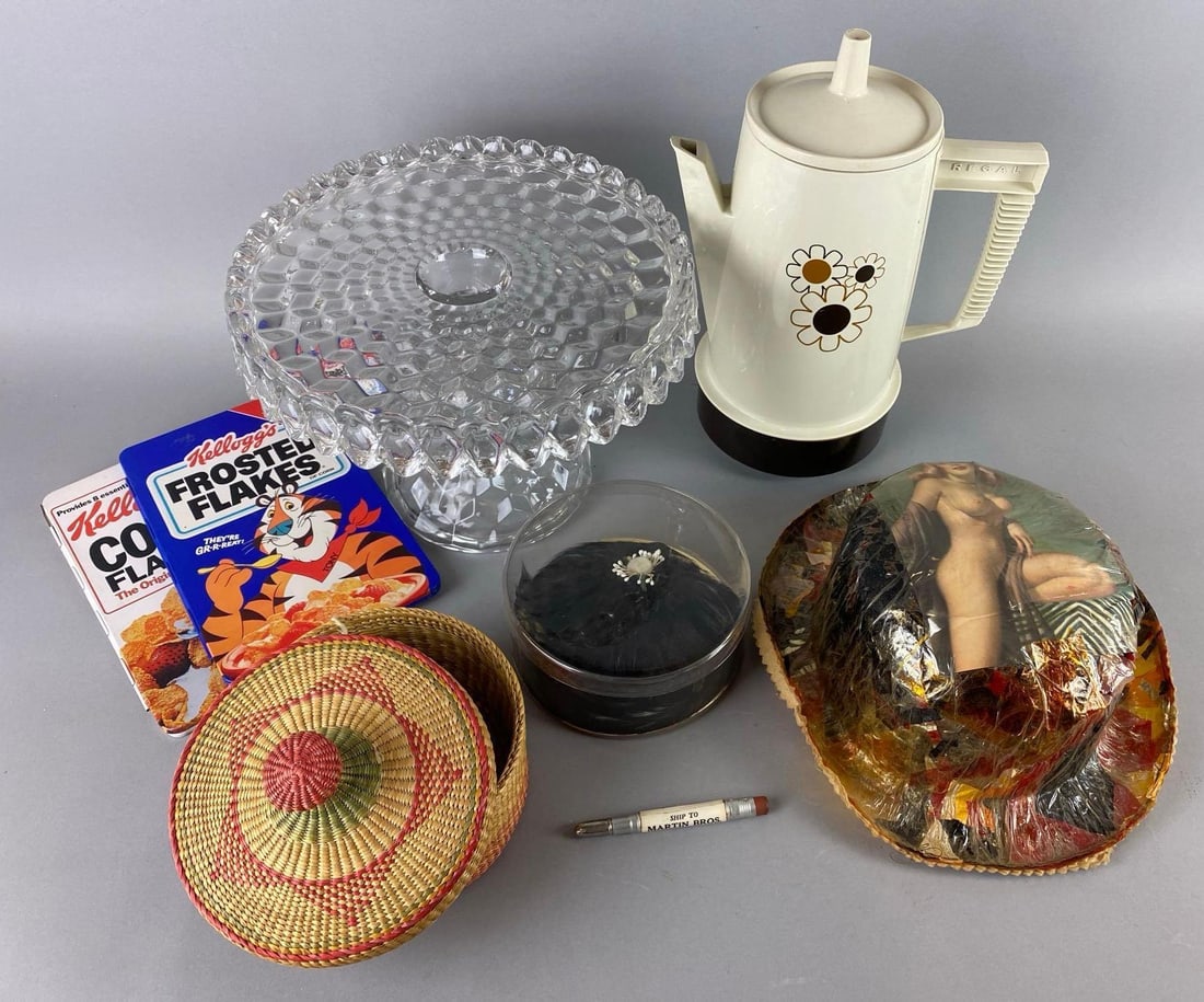 Group of Assorted Items: Includes a Fostoria Cake Stand, Regal Poly Perk, woven trinket box and more. Largest item measures 7 x 10 1/4 x 10 1/4 inches.