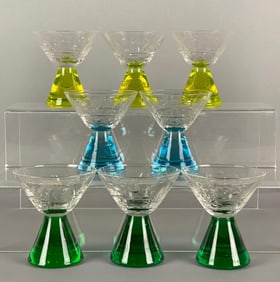 Group of 8 Retro Etched Glass Liqueur Glasses