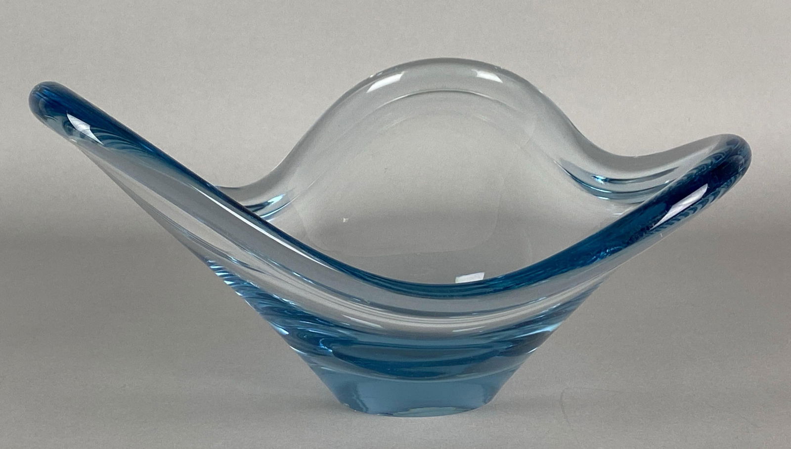 1957 Holmegaard Signed Per Lutken Aqua Blue Art Glass Bowl: Artist signature on base, small chip on interior of bowl, and rim, measures 4 1/2 x 10 x 8 1/2 inches