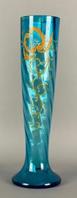 Hand Painted Enamel Floral Motif Blue Twisted Art Glass Vase