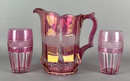 Set of 3 Cranberry Cut Glass Pitcher and Tumblers