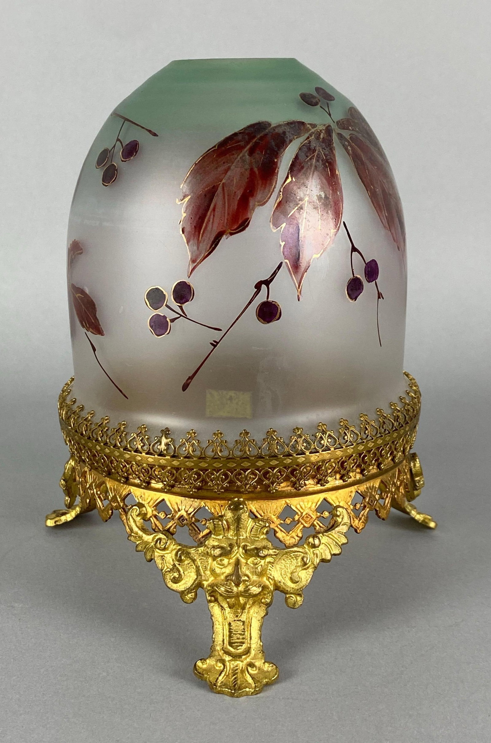 Antique Hand Painted Gilt Footed Fairy Lamp: features Lion motif along base, measures 6 x 5 1/4 inches
