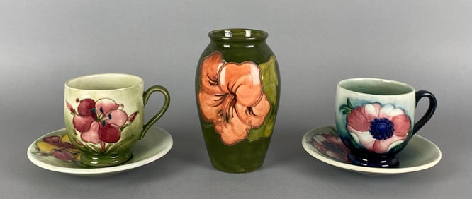 Group of Moorcraft Pottery Floral Teacups and Vase